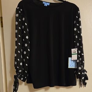 CeCe Black Scoop Neck 3/4 Sheer Sleeve Relaxed Blouse, Size Medium NWT
